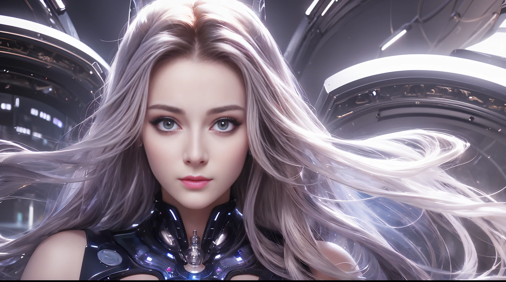 A close-up head and chest portrait of a pretty and cute woman, long hair, her chest adorned with pneumatic tubes that give her a unique and futuristic appearance. The highly detailed digital rendering captures every aspect of her beauty, from her delicate features to the intricate tubes.