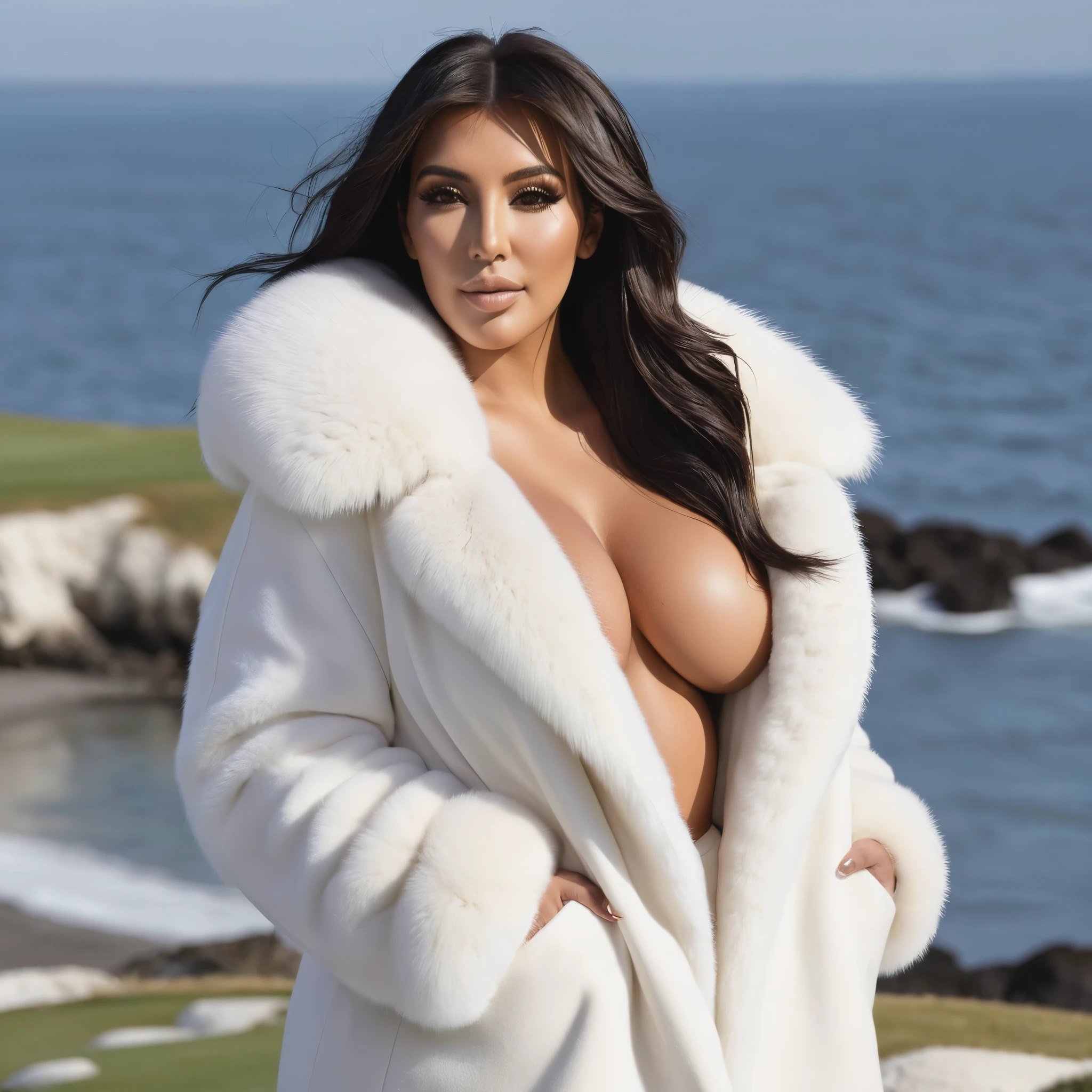 A very wide and very thick, manteau de fourrure en vison blanc, fifty centimeters thick, duveteux, naturel, with an ultra thick white mink fur collar, three layers, sur Kim Kardashian, fully nude profile view, bare shoulders, and two large breast discovered by the fur, at sunny Pebble Beach golf