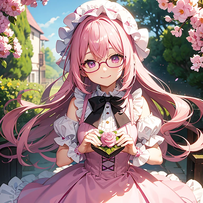 pink hair、glasses、Purple glowing eyes、pink ta dress、Pink bonnet、daytime、outdoor、garden、smile at the camera、