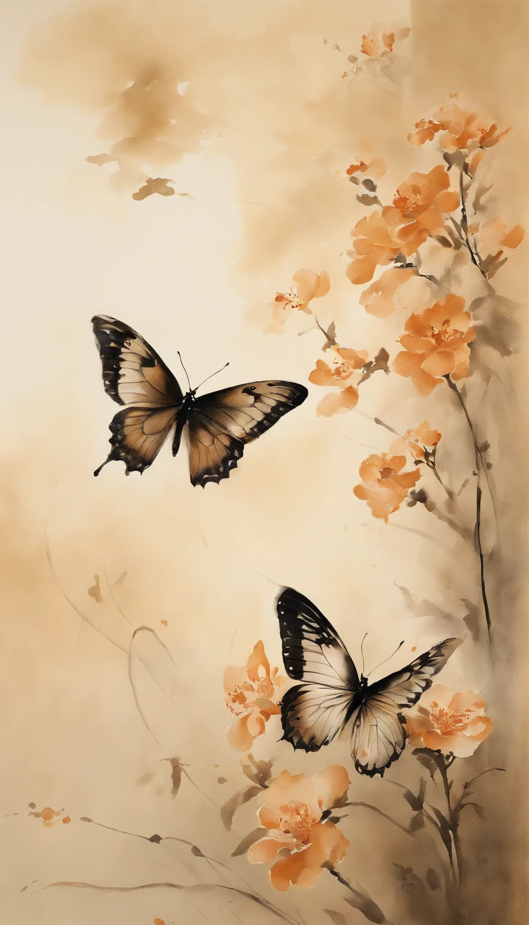 This muted watercolor painting depicts two graceful butterflies in muted earth tones fluttering amidst a sea of delicately rendered Chinese calligraphy. The larger butterfly dominates the foreground, its intricate wing patterns and veining brought to life through deft brushwork that captures both detail and movement. The smaller companion dances below, rendered with slightly more diffused strokes that convey a sense of ethereal lightness.
The calligraphic elements surroundand partially obscure the butterflies, their forms bleeding into the soft background washes, creating a harmonious composition that blends representation and abstraction. The palette is understated yet evocative, with warm amber hues accented by soft grays that lend an overall tonal quietness.
The viewing angle is frontal and close, inviting intimate inspection of the fine details. The image plane appears vertical, suggesting the work was intended for traditional hanging display. The overall aesthetic marries the delicate beauty of nature with the elegant discipline of Chinese brush painting, resulting in a contemplative and poetic piece that rewards careful study.