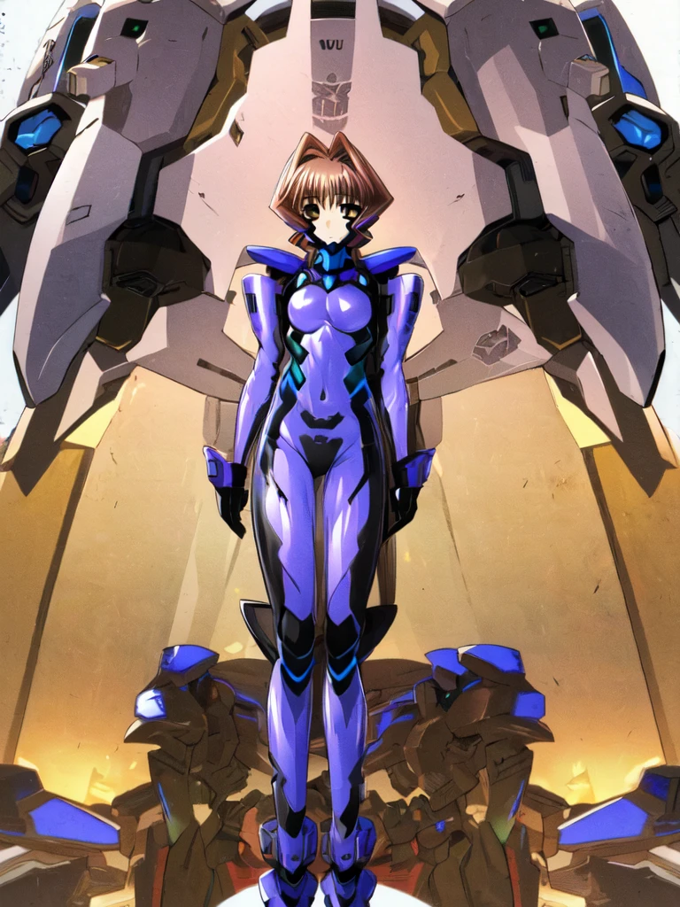 Jinguuji Marimo , (((highres official art))) , (((Muv-Luv's style armors ))) , (((fortified_suit))) , (((1girl))) , brown hair , brown eyes , long hair , hair intakes , standing, simple background