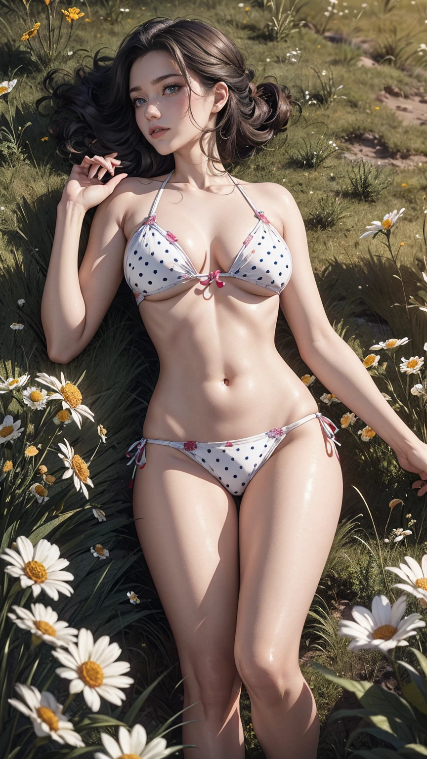 really like, and he hates, Tear off chamomile petals, Daisy&#39;s fortune telling, girl , Russia, Lying in a meadow with daisy flowers, Light polka dot bikini,Easter piece where makeup artists do celebrity makeup:1.2), highest quality, masterpiece, High resolution, original, highly detailed wallpaper, perfect lighting,(Highly detailed CGI:1.2),