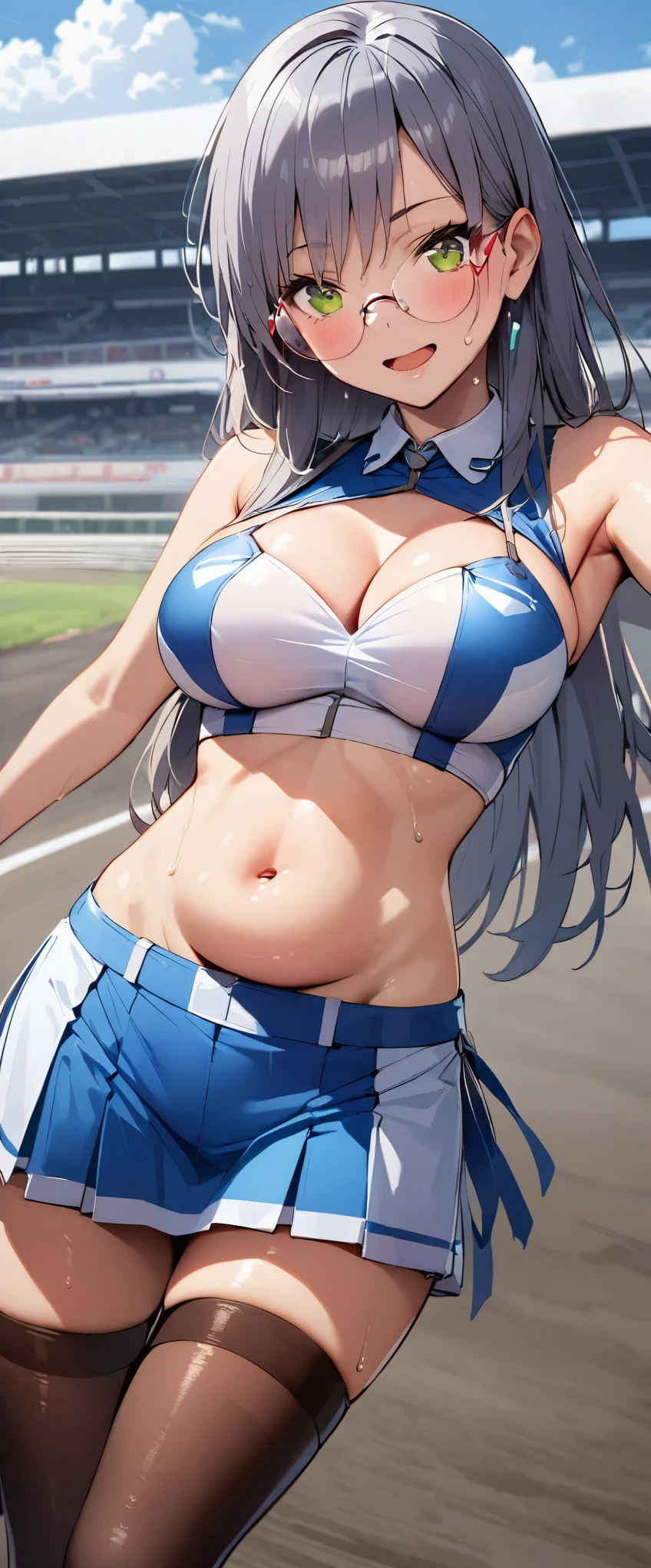 1 female,black hair,18-year-old,(((Shiny race queen uniform with exposed belly button)))(((blush、open mouth smile)),(((straight hair))),,,(wet with sweat)(leather thigh high boots)(((beautiful breasts)))((Tight Skirt))((crop top))glasses,race track