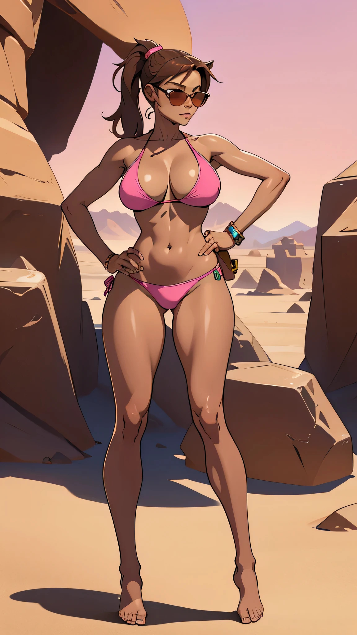 Masterpiece, best quality, Masterpiece, best quality, 1 woman, Brown ponytail, sunglasses , sly face , pink bikini , abdomen, big breasts , Long legs , Barefoot , stand on your hips , desert