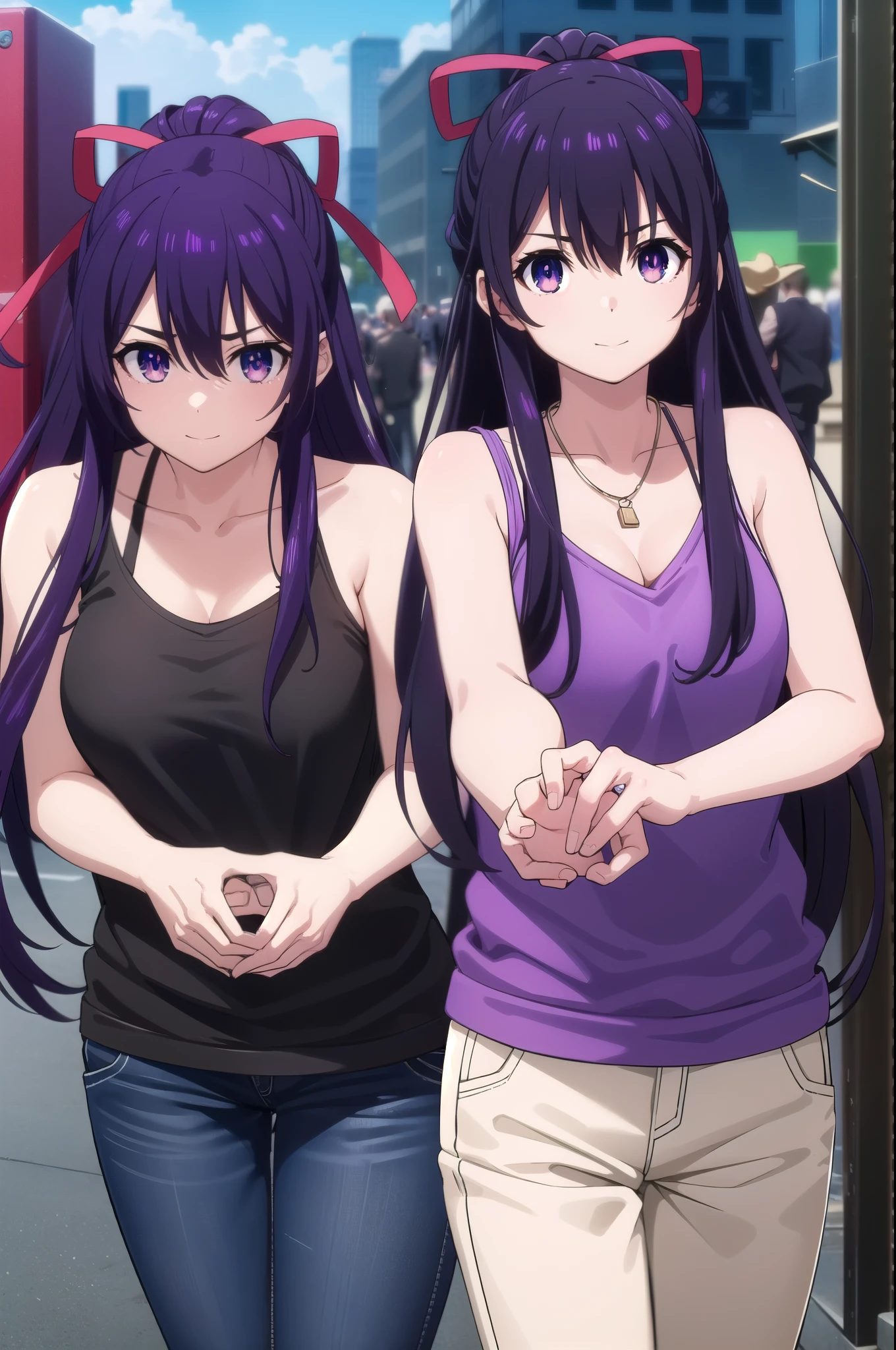 (masterpiece:1.37), best quality, (extremely detailed:1.37), (1girl:1.5), woman, (mature:1.5), (adult:1.5), large breasts, very long hair, (straight hair:1.5), (very dark purple hair:1.5), purple eyes, (extremely detailed eyes:1.37), hoodie, jeans, desperation, (wetting self:1.5), standing, embarrassed, humiliation, blushing, angry, city, futuristic, neon lighting, high-tech, street, skyscraper