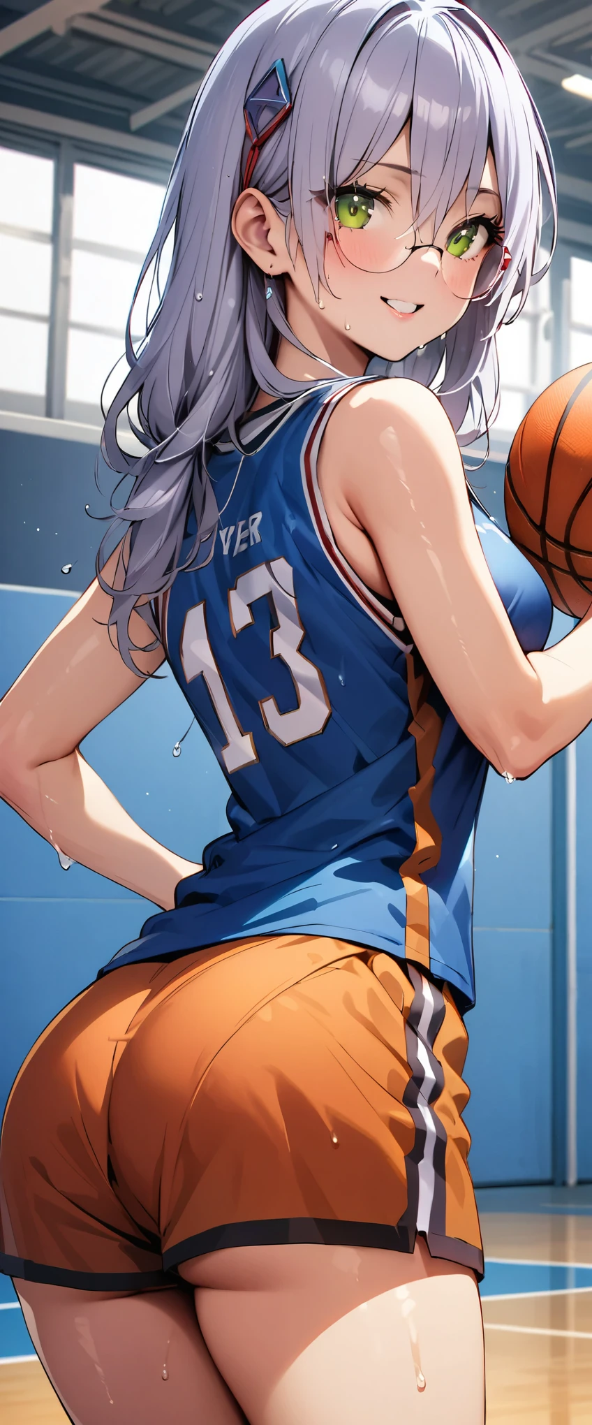 (masterpiece,highest quality,超A high resolution),japanese woman, (((Very beautiful 25 year old girl))), pretty girl、look at the photographer、 (()), super cute face, glossy lips, double eyelids in both eyes,natural smile、 natural makeup, long eyelashes, Shiny and smooth hair、center image, perfect limbs, perfect anatomy,(((basketball sleeveless uniform)))、,(wet with sweat),,turn around and look back,basketball court,See-through