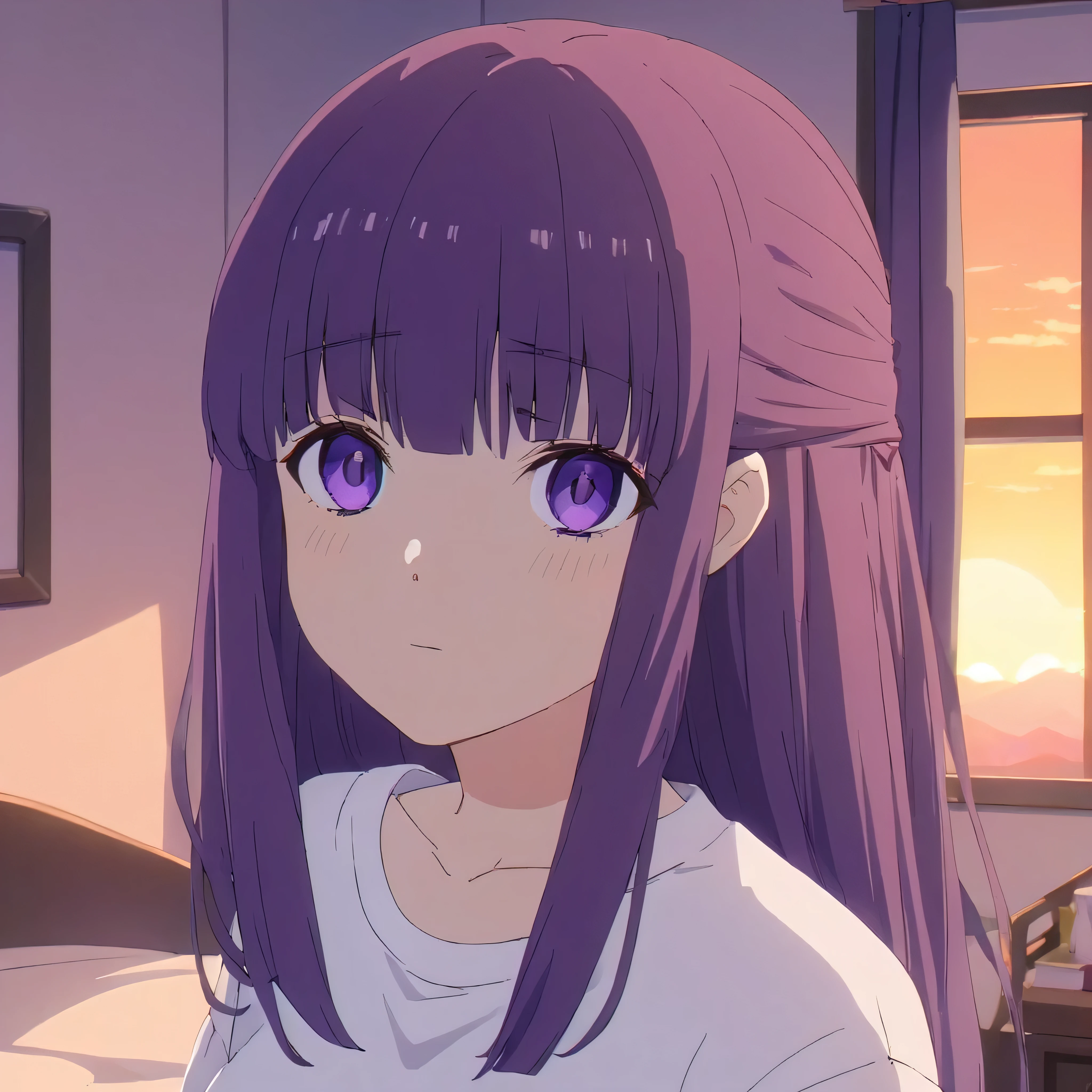 A tv anime of a woman with purple eyes and hair wearing a cozy t-shirt in a bedroom with sunset light 