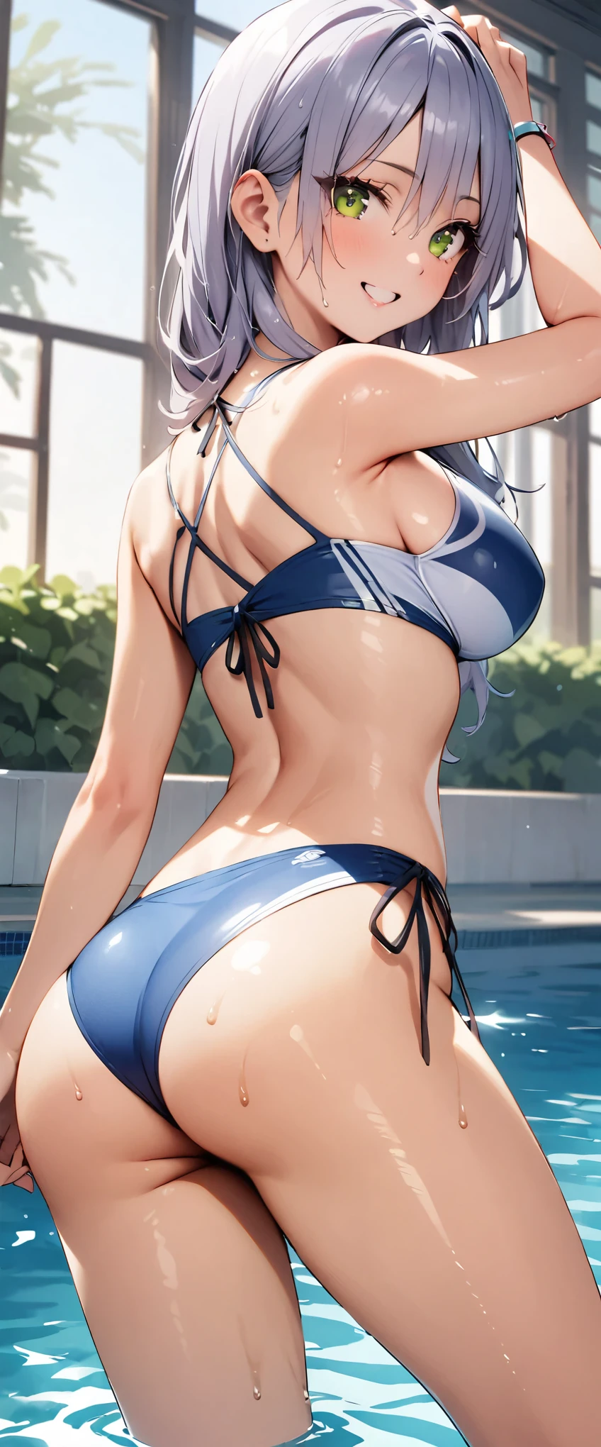(masterpiece,highest quality,超A high resolution),japanese woman, (((Very beautiful 25 year old girl))), pretty girl、look at the photographer、 (()), super cute face, glossy lips, double eyelids in both eyes,natural smile、 natural makeup, long eyelashes, Shiny and smooth hair、center image, perfect limbs, perfect anatomy,(((cute swimsuit)))、,(wet with water),,turn around and look back,pool