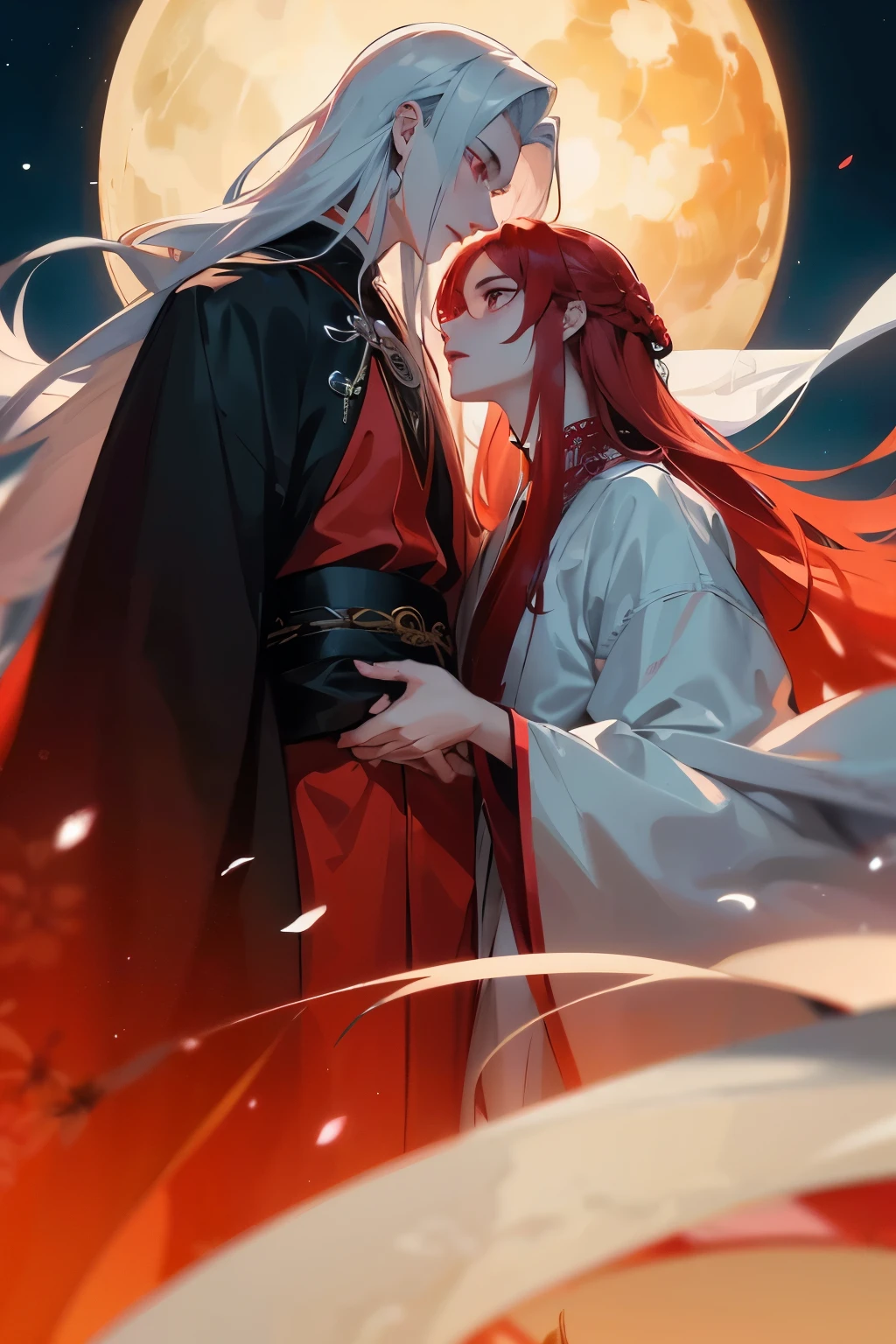 2 young MAN in love, danmei, boylove, face to face so close. one is Taller man in long SILVER hair, handsome face, deep sunken eyes, strong dominant aura, lay a finger at another young man chin, other hand on the pretty young MAN's back waist. Two is the young handsome cute man in reddish so long hair, white smooth face big red eyes. The young man in reddish hair look up at the man in silver hair. wearing chinese red magnificent hanfu clothes, standing under the big moon, in the night sky