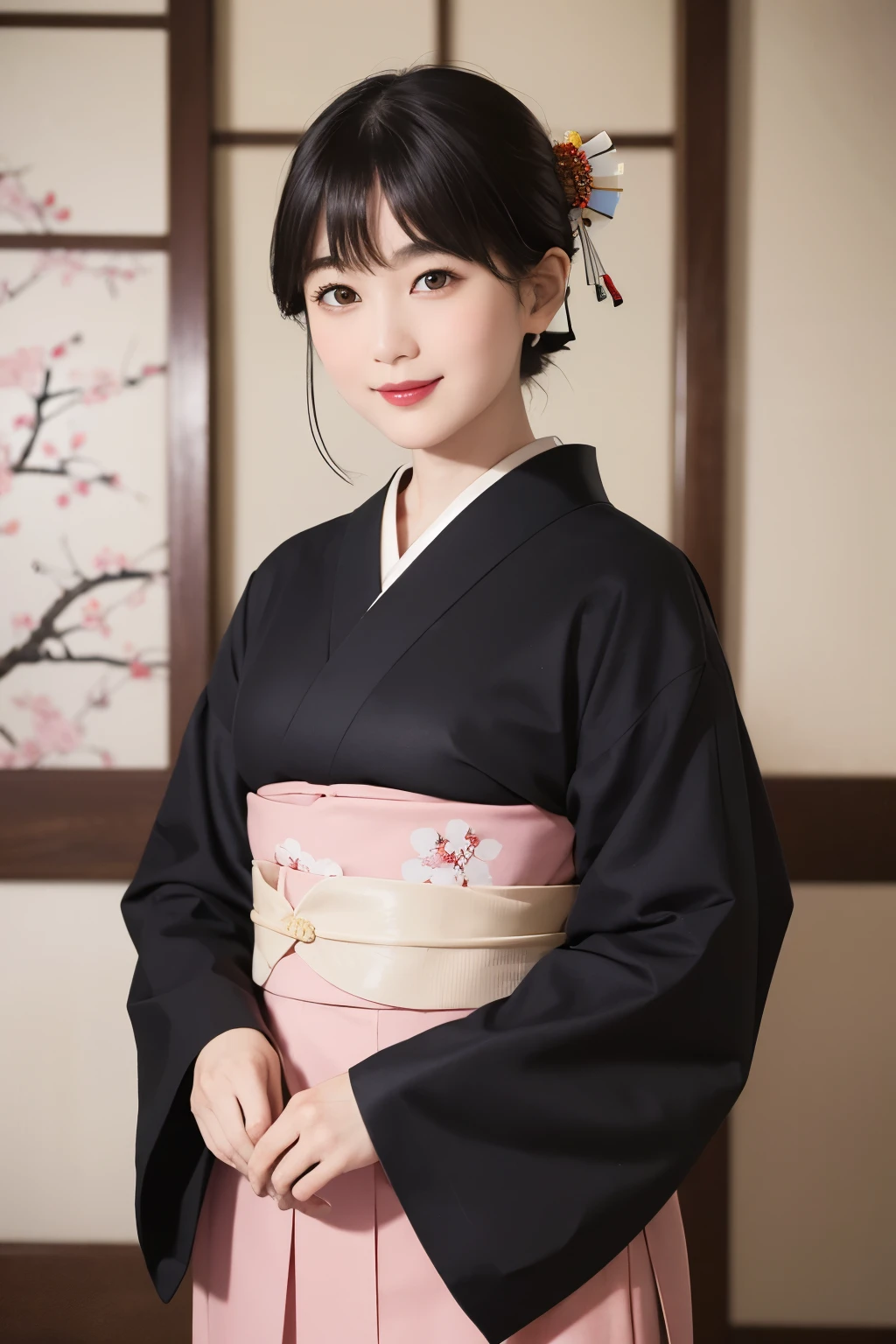 199 (snapdd00-Fp16), Japanese painting, woman, gentle smile, lipstick, short hair, Paintings by Shoen Uemura, Japanese style room, japanese architecture, Japanese garden, Cherry blossom pattern