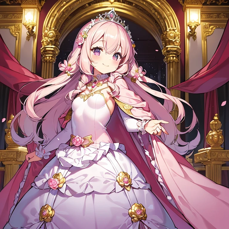 (kawaii),(best quality),(ultra detailed), upper body,(rococo style),(long train pastel pink cape:1.15), very long cape,(long train white ball gown with flower decorations), a girl is wearing a cape over her gown, 1 little princess, tiara, smile, small breasts, very long hair
