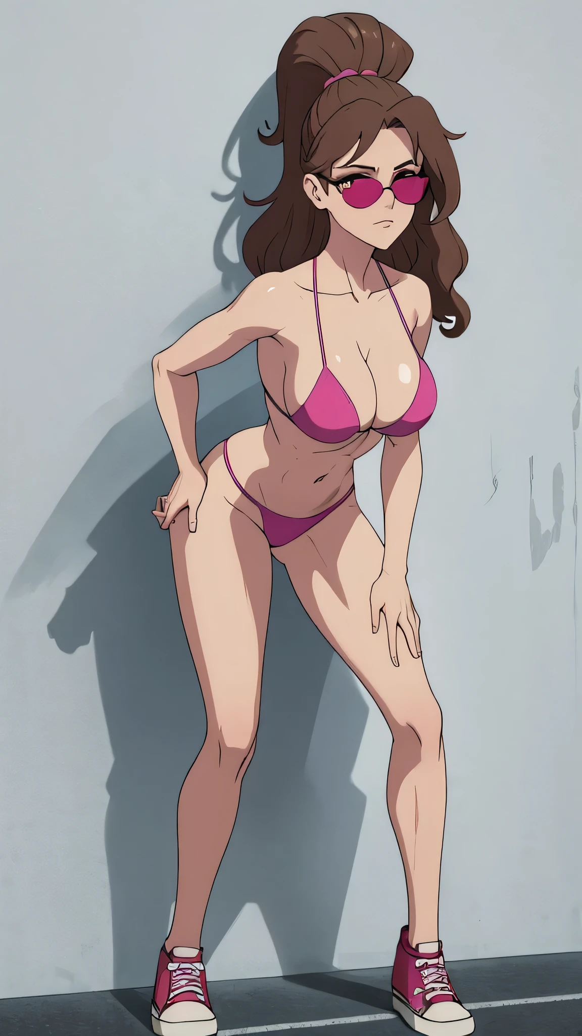 Masterpiece, best quality, Masterpiece, best quality, 1 woman, wavy brown hair, sunglasses , sly face , pink bikini , abdomen, big breasts , Long legs ,canvas shoes , stand on your hips , wall , tall building