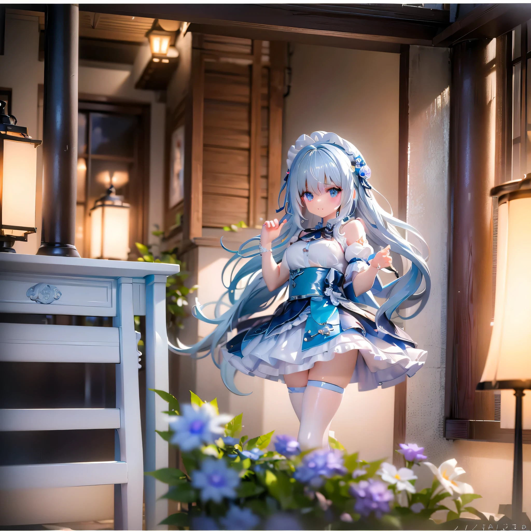 very cute girl、Silver-Blue Hair、Fluffy semi-long hair、Light Blue Eye、big cute eyes、slim body、big breasts、thin arms、slim legs、White body、smile、open your mouth、idol costume、white panties、transparent skirt、vivid background、()、