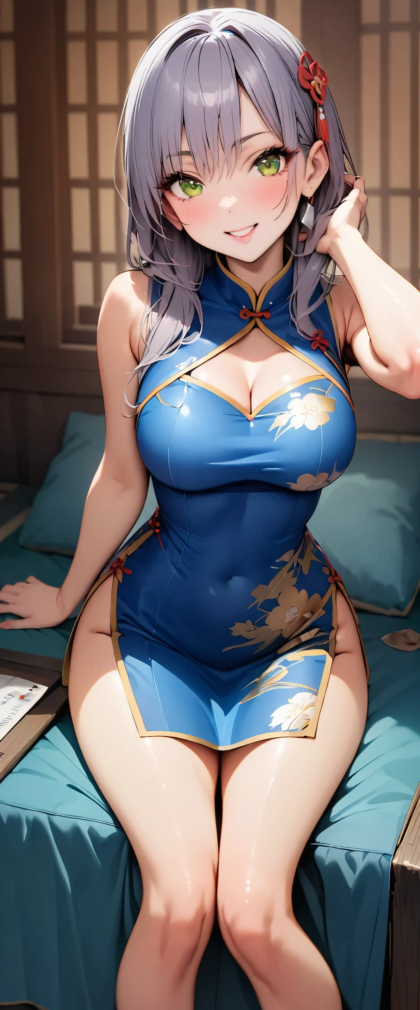 (masterpiece,highest quality,超A high resolution),japanese woman, (((Very beautiful 25 year old girl))), pretty girl、look at the photographer、 (()), super cute face, glossy lips, double eyelids in both eyes,natural smile、 natural makeup, long eyelashes, Shiny and smooth hair、center image, perfect limbs, perfect anatomy,(((shiny cheongsam)))