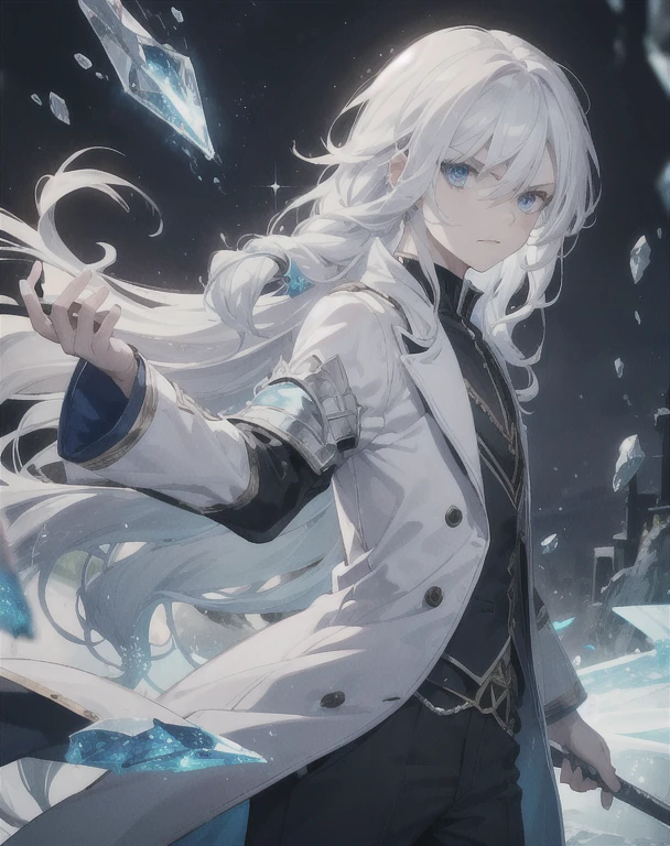 young boy,man,long hair,white hair,blue eyes,spell,ice,fight,Terrible,angry,novel,realistic,4k,charming,very detailed,thin,