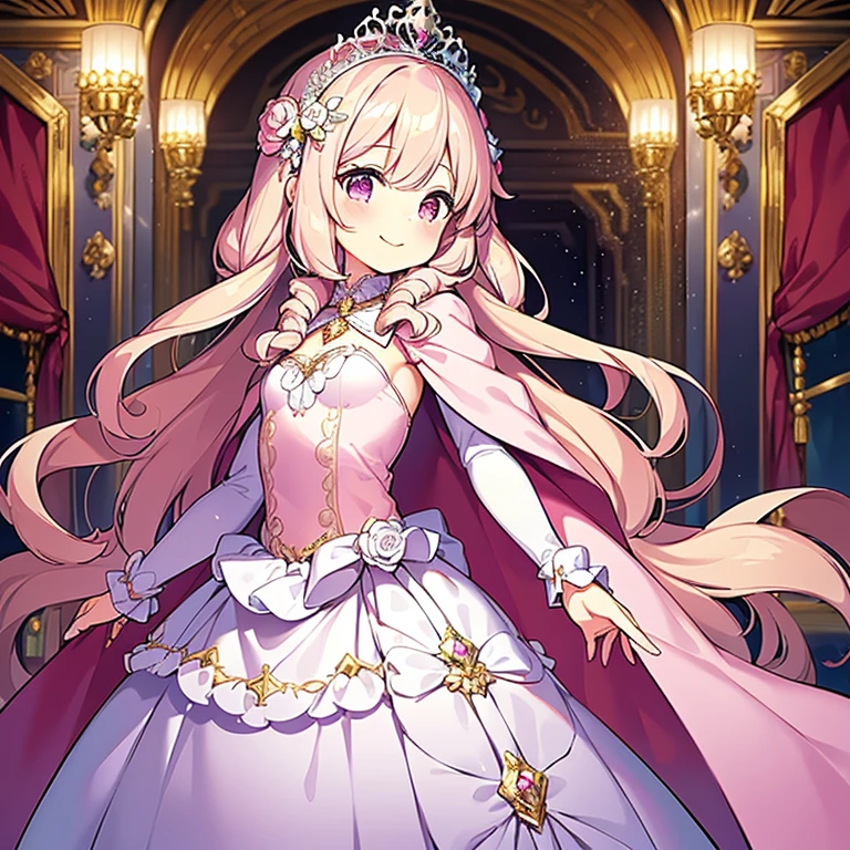 (kawaii),(best quality),(ultra detailed), upper body,(rococo style),(long train pastel pink cape:1.15), very long cape,(long train white ball gown with flower decorations), a girl is wearing a cape over her gown, 1 little princess, tiara, smile, small breasts, very long hair