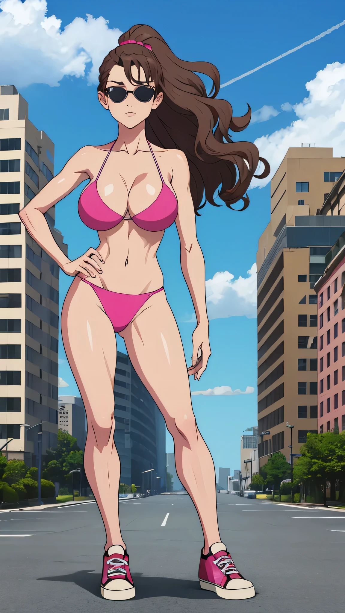 Masterpiece, best quality, Masterpiece, best quality, 1 woman, wavy brown hair, sunglasses , sly face , pink bikini , abdomen, big breasts , Long legs ,canvas shoes , stand on your hips , tall building