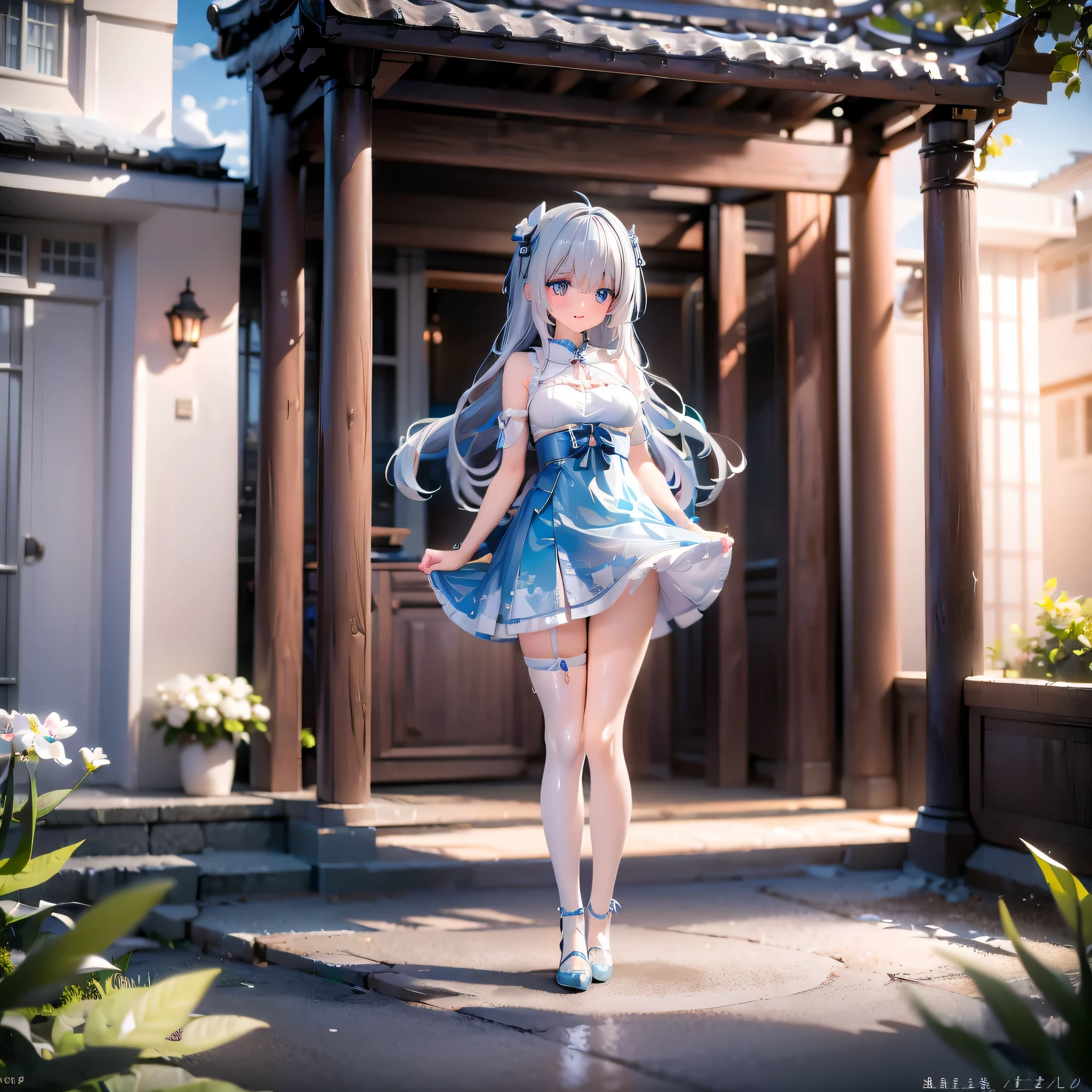 very cute girl、Silver-Blue Hair、Fluffy semi-long hair、Light Blue Eye、big cute eyes、slim body、big breasts、thin arms、slim legs、White body、smile、open your mouth、idol costume、white panties、transparent skirt、vivid background、(10 years old)、