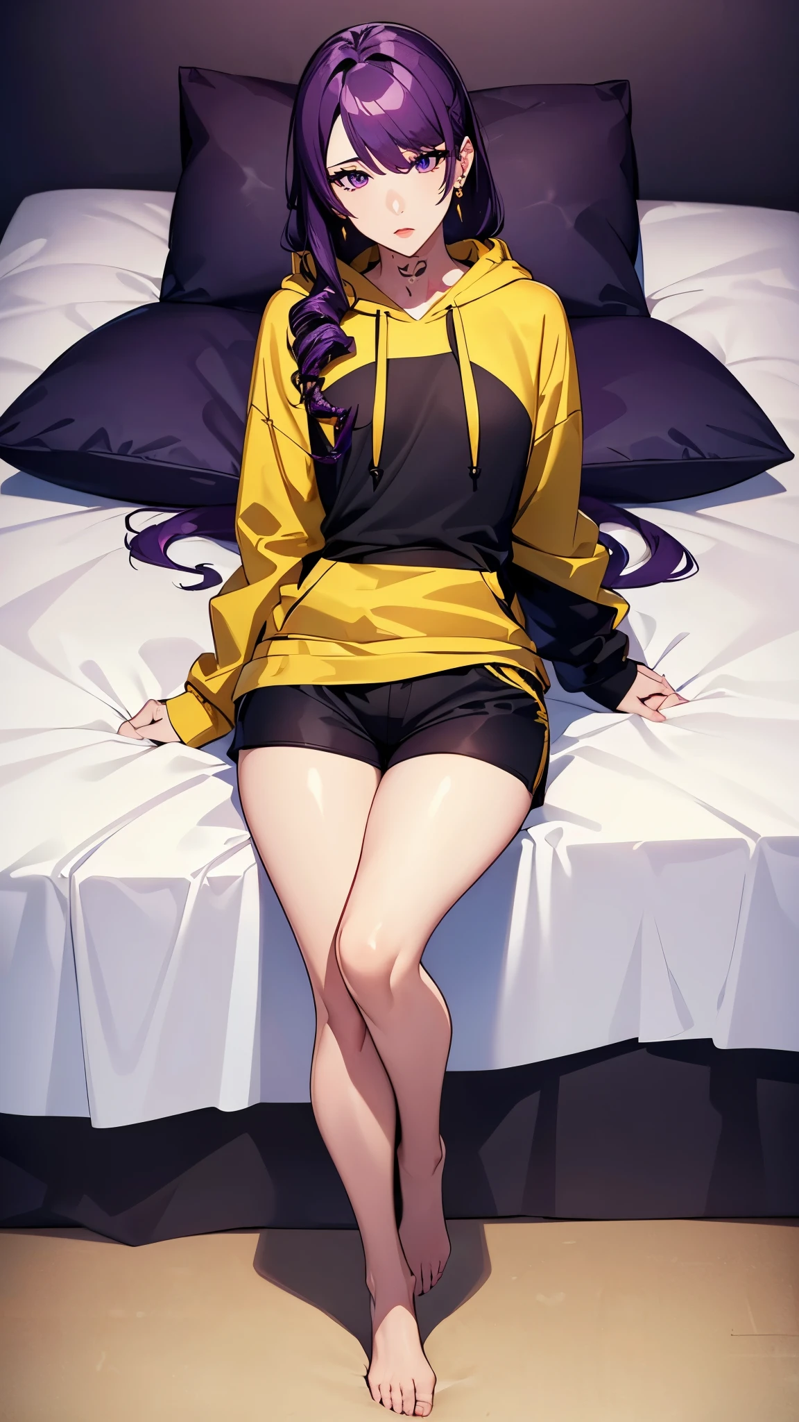 ((8K resolution))、((highest quality))、((masterpiece))、((Super detailed))((((dramatic))), (anatomically correct)、Depth of object being written、look at the camera、(pillow design), (background:bed sheet),one person、one personのJK、front、purple hair、Yellow inner color、hairstyle:drill hair、stir up、gold earrings、purple eyes、tattoo、small breasts、toned arms, long and thin legs,(theme、whole body:1.1),micro shorts , hoodie、sharp、scorpion scissors、Scorpion tail