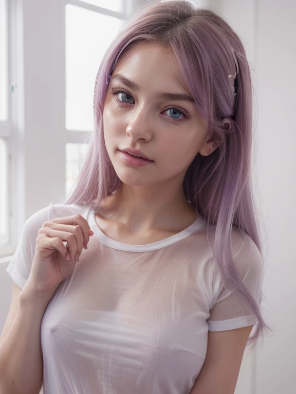 1 girl, medium , star eyes, (8K, original photo, High sensitivity, best quality, masterpiece, Ultra High resolution, realism: 1.25), blush, (Very Detailed CG Unity 8K Wallpaper, best quality, High resolution: 1.2), (extremist_detailed, ultra high definition: 1.2), perfect lighting, Unique, (1 girl: 1.4), (pretty girl: 1.2), Unreal Engine, Side light, white hair, fox ears, purple eyes, perfect face, detailed脸, Perfect body, beautiful eyes, pretty face, (bright skin: 1.4), Idol, (whole body), Red T-shirt, transparent,