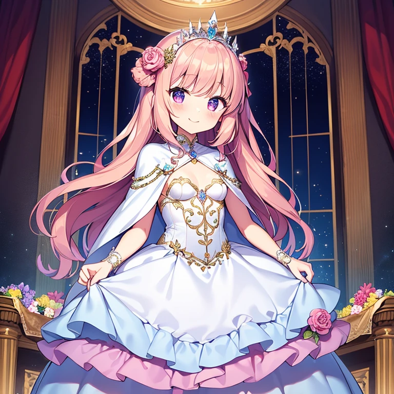 (kawaii),(best quality),(ultra detailed), upper body,(rococo style),(long train pastel pink cape:1.15), very long cape,(long train white ball gown with flower decorations), a girl is wearing a cape over her gown, 1 little princess, tiara, smile, small breasts, very long hair