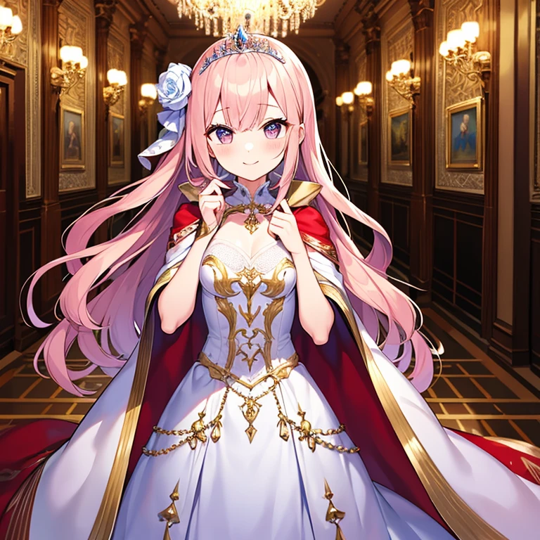 (kawaii),(best quality),(ultra detailed), upper body,(rococo style),(long train pastel pink cape:1.15), very long cape,(long train white ball gown with flower decorations), a girl is wearing a cape over her gown, 1 little princess, tiara, smile, small breasts, very long hair