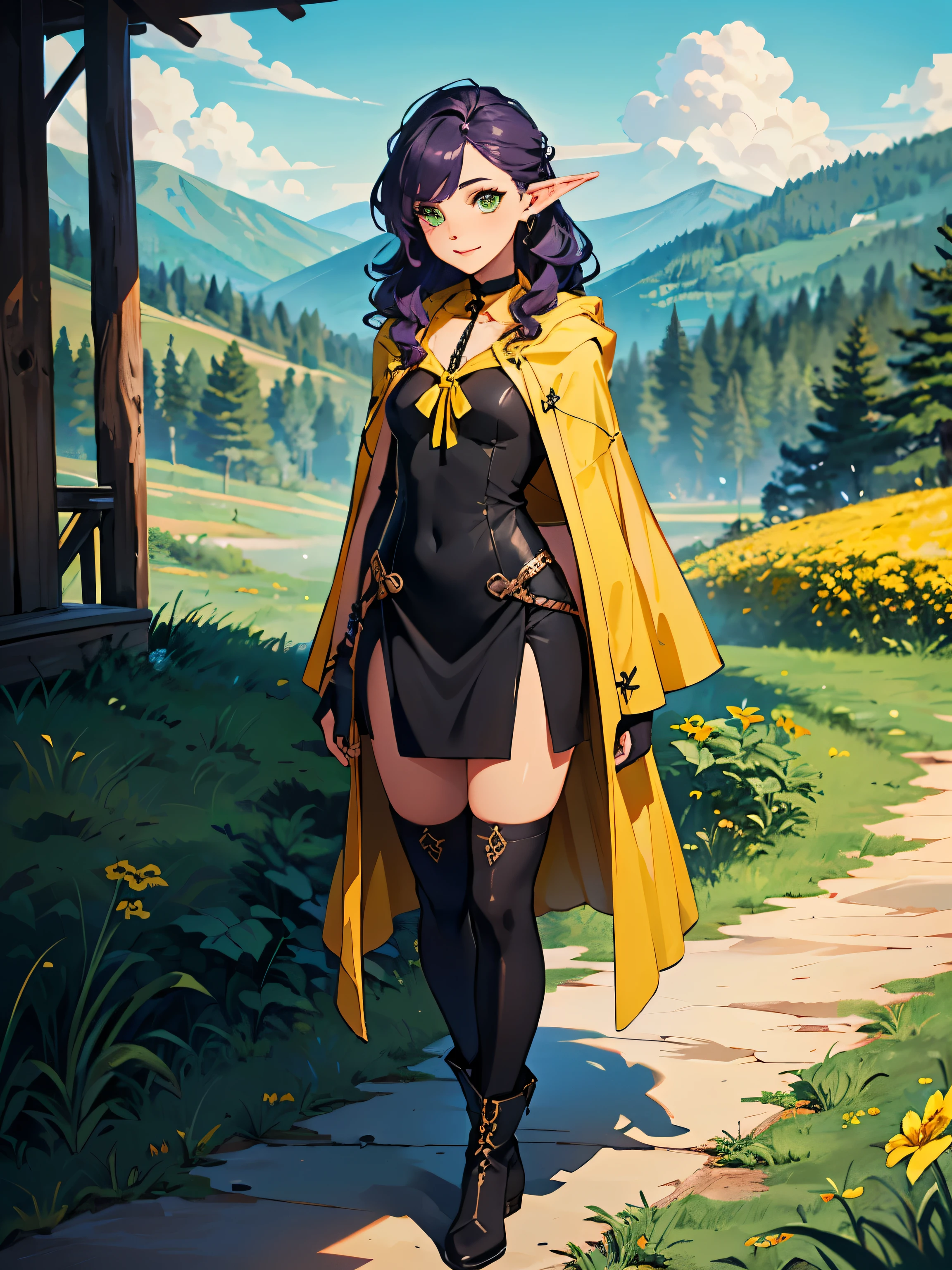 masterpiece, high quality, (1_women), (full body), (exotic skin_complexion), mature, standing, beautiful, exotic, with long elf ears, ((looking away from the camera)), smiling, ((hands together)), hands in front, wearing (((yellow))) hooded cloak), hood down, yellow cloak, blue broach, sleeveless, black choker, (thigh highs) with purple embroidery, long fingerless leather gloves, ((small breast)), black dress, (bright purple hair), long hair, ((wavy hair)), realistic and detailed face having diamond shaped eyes, (((green eyes)), dark_eyeliner, long_eyelashes), natural dynamic lighting casts detailed shadows, knee high dark brown boots, standing outside rustic tavern, forest, mountains in the distance, sunny day,