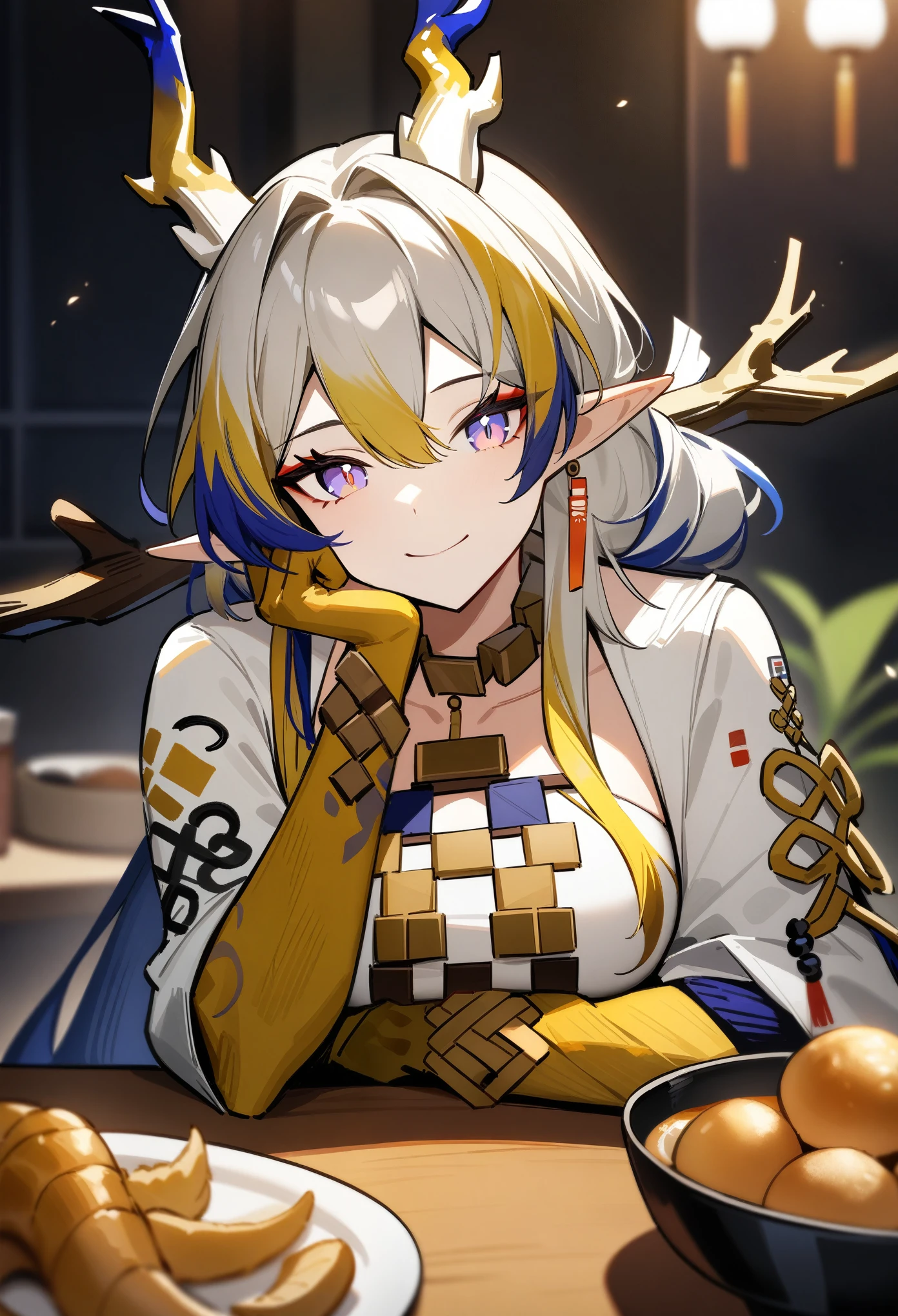 masterpiece, best quality, very aesthetic, absurdres, 1girl, shu\(arknights), arknights, looking at viewer, upper body, dragon horns, pointy ears, head rest, closed mouth, smile, food, pov across table