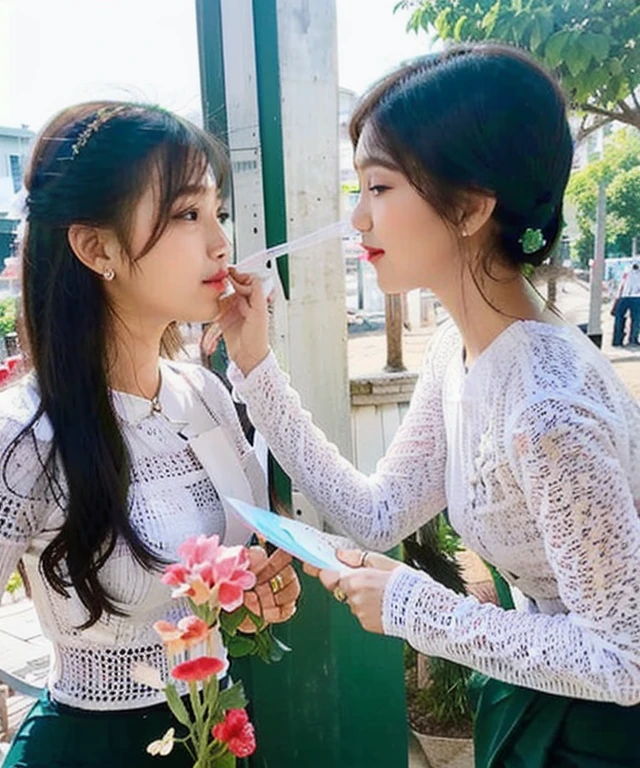 there are two people that are kissing each other in a picture, kissing together cutely, lesbian kiss, Typical Japanese look, semi realistic
