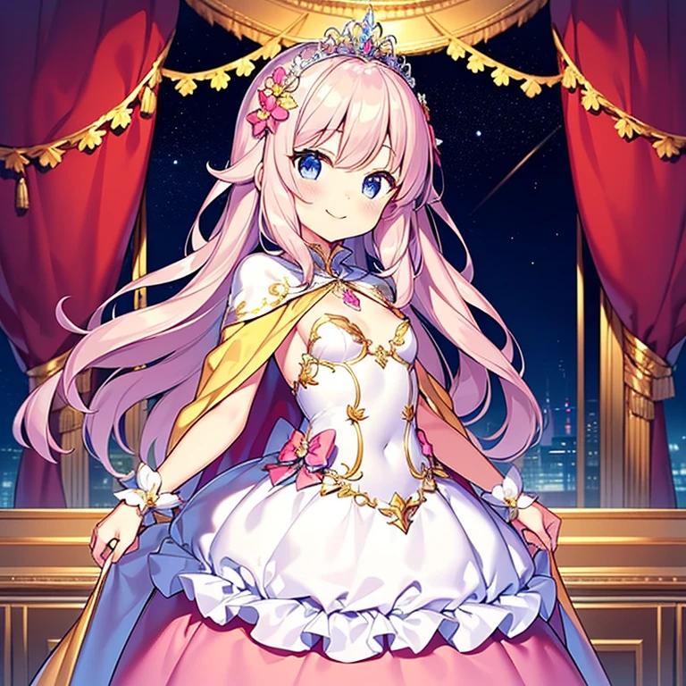 (kawaii),(best quality),(ultra detailed), upper body,(rococo style),(long train pastel pink cape:1.15), very long cape,(long train white ball gown with flower decorations), a girl is wearing a cape over her gown, 1 little princess, tiara, smile, small breasts, very long hair