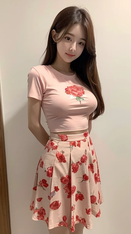 light red thin flower pattern T-shirt , medium breast , big breast , long hair , skirt