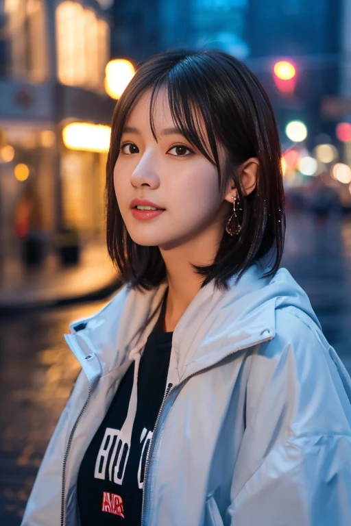 (8k, RAW photo, best quality, masterpiece:1.2), (realistic, photo-realistic:1.37), omertosa, 1girl, (Kpop idol), (aegyo sal:1), cute, cityscape, night, rain, wet, professional lighting, photon mapping, radiosity, physically-based rendering