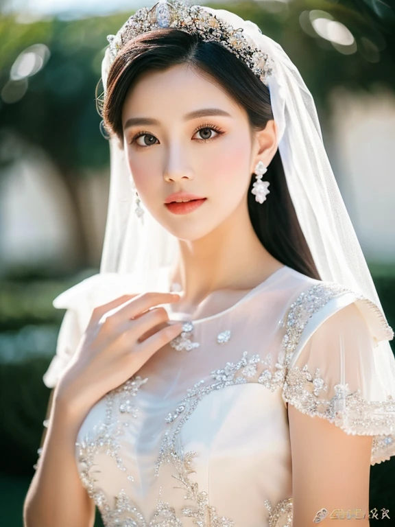 best quality，masterpiece，High resolution，a beauty，Exquisite face shape，Rich girl marries rich boy，wedding photos，20 years old，Sophisticated makeup，White crystal see-through sexy wedding dress，wedding of the century，White crystal see-through sexy suit