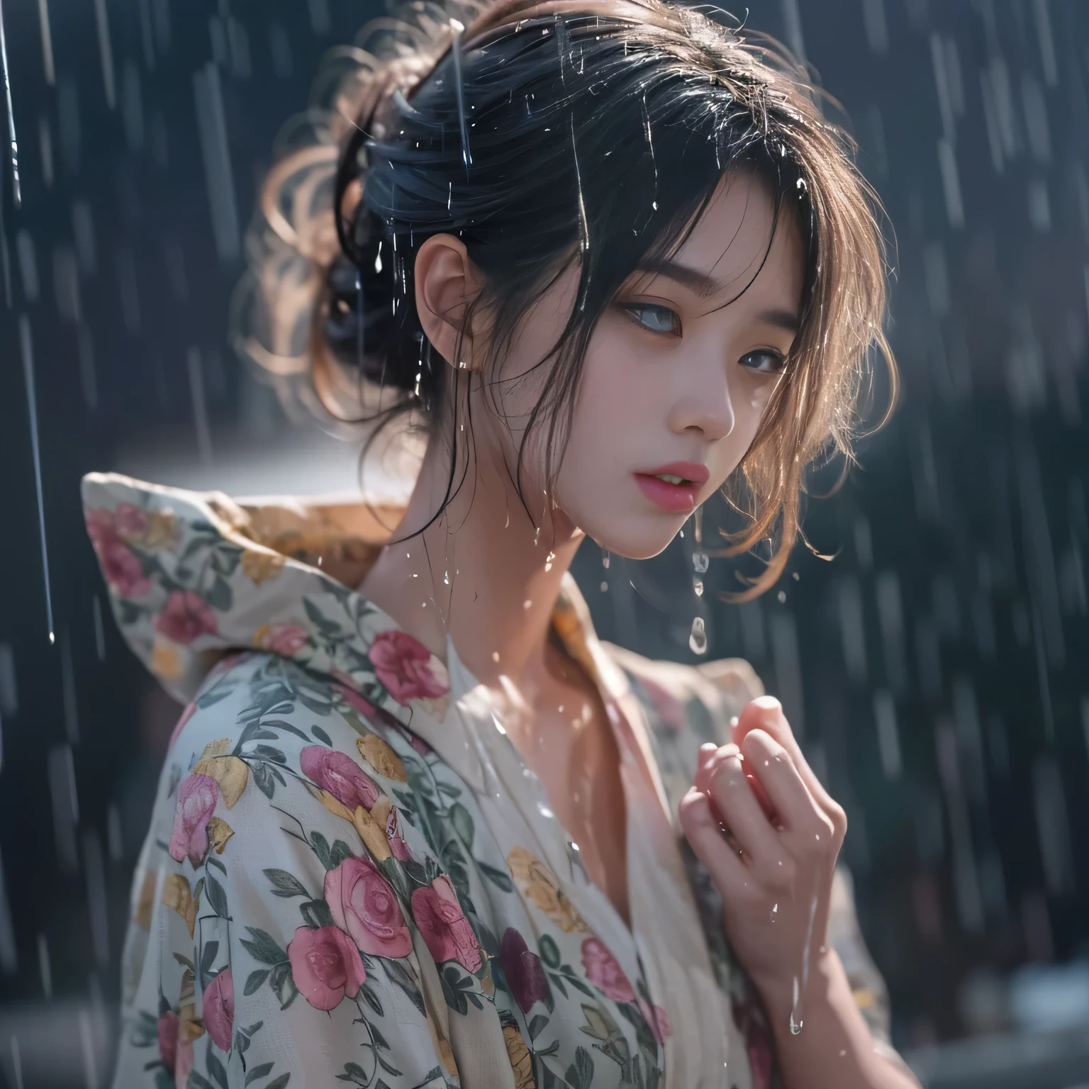 (highest quality、Super detailed、realistic、(((full body portrait)))、photorealistic:1.37)、(correct anatomy:1.4)、A young and beautiful woman is in front of the camera、18-year-old、Shabby kimono、Stunned expression、Feeling of weakness、feeling of hopelessness、 ( that&#39;It&#39;s raining very heavily:1.5)、Create Rain with Motion Flow Effect、My hair is very wet、My whole body got wet、Wet、whets the appetite、fine and beautiful eyes、beautiful detailed lips、long eyelashes、curly hair、smooth skin、fit the body、sparkling eyes、shining lips、sensual curves、soft lighting、romantic atmosphere、subtle shadow、intense colors、enchantingly illuminated、high contrast、intimate atmosphere、Wetness、characteristic shine、Wet skin、flowing movement、(orgasmic release:1.4)、Drip crotch、uncontrollable joy、 Intense feeling、The moment of fascination, her panties are wet with bodily fluids、 The highest quality、