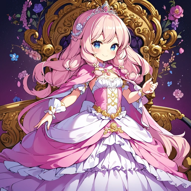 (kawaii),(best quality),(ultra detailed), upper body,(rococo style),(long train pastel pink cape:1.15), very long cape,(long train white ball gown with flower decorations), a girl is wearing a cape over her gown, 1 little princess, tiara, smile, small breasts, very long hair