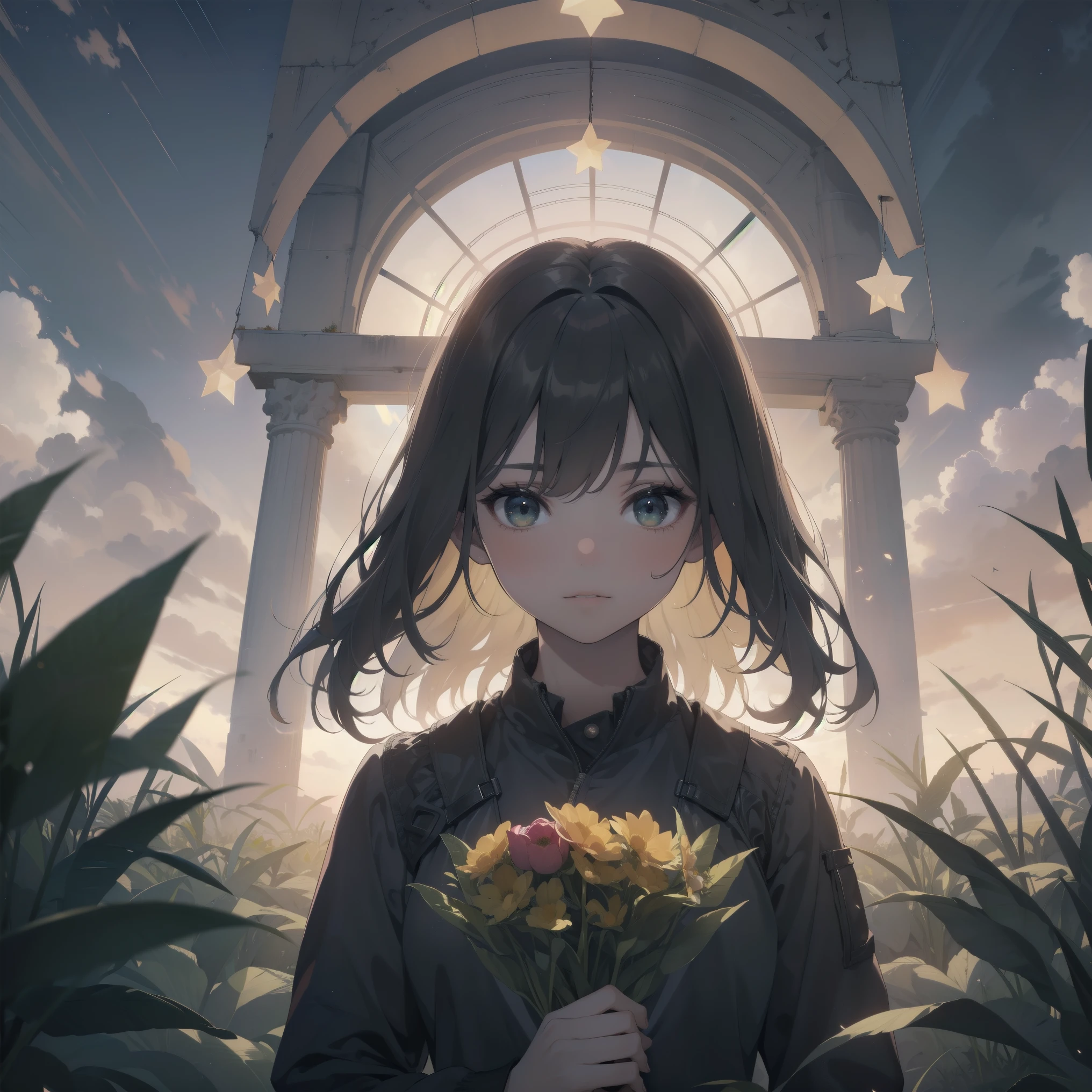 (reality: 1.3), Are you okay, quality, rembrandt lighting, (masterpiece: 1.2), (reality: 1.2), (Best quality), (skin details: 1.3), (intricate details), dramatic, idyllic, ray tracing, 1 girl, chinese yellow girl, long black hair, 24-years-old, Modern attire (grassland, sun, cloud, fields, farm, Starlight, trail)  