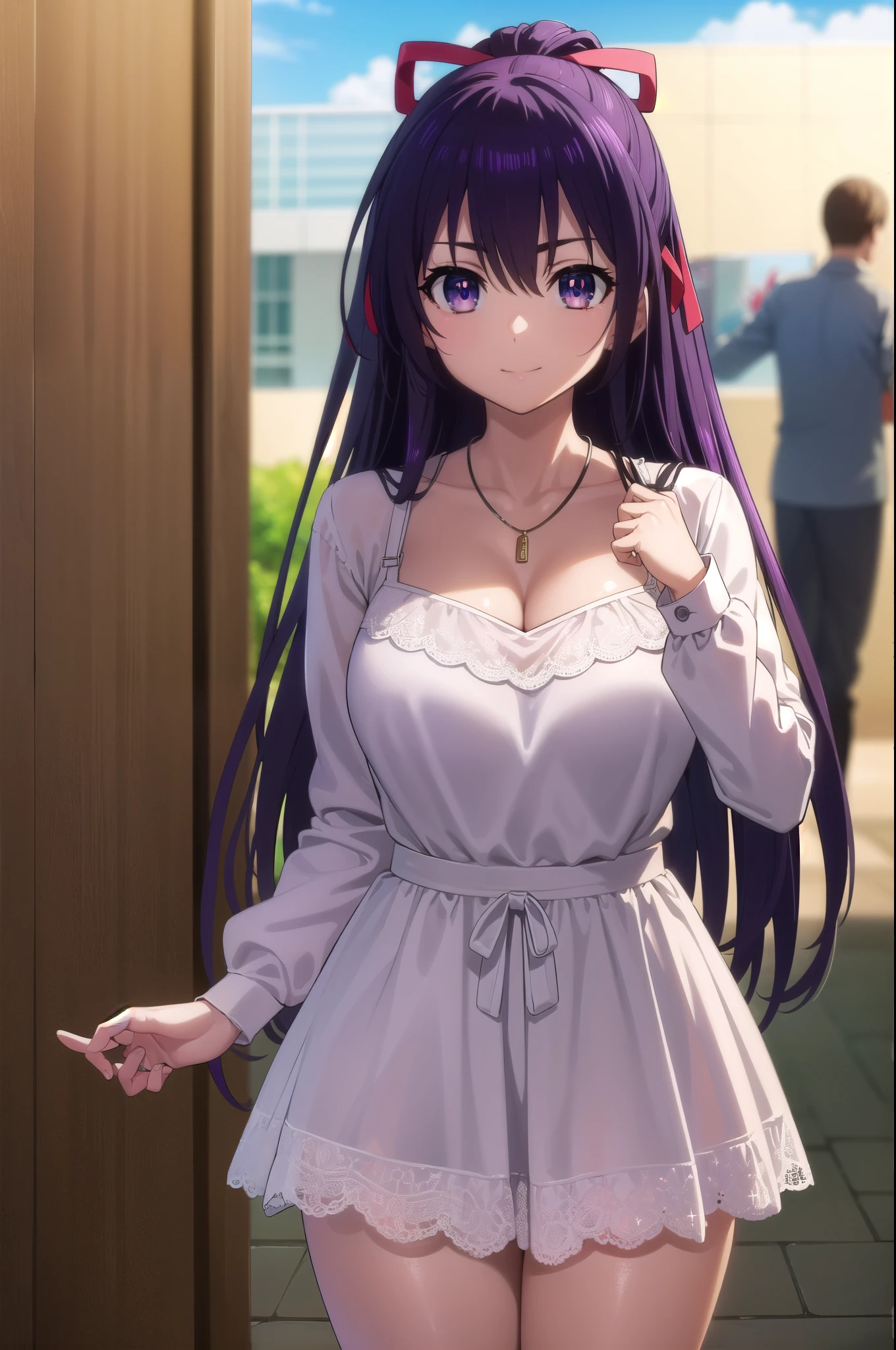 tohkayatogami, tohka yatogami casual, long hair, purple hair, alluringly smile, one piece dress, white dress, square neck dress, lace dress, see through, white undergarments, long sleeve, cleavage, necklace, shirt skir, ribbon , (purple eyes:1.1), hair ribbon, ponytail, purple hair, white ribbon,g cup breasts, plump butt, hands on neck, living room,
BREAK ,
BREAK outdoors, city, people, crowd, sky, clouds, sun, blue sky,
BREAK looking at viewer, (cowboy shot:1.5),
BREAK (masterpiece:1.2), best quality, high resolution, unity 8k wallpaper, (illustration:0.8), (beautiful detailed eyes:1.6), extremely detailed face, perfect lighting, extremely detailed CG, (perfect hands, perfect anatomy),