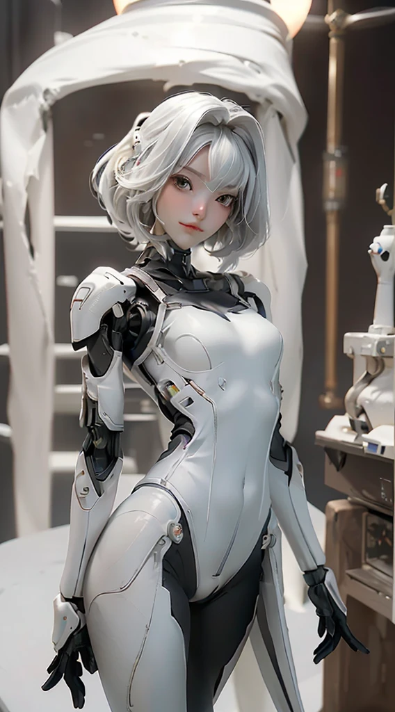 Extremely cute human eighteen year old girl face, human torso, human huge boobs, human abdomen, human hips, robotic arms, mechanical legs, arms and legs with hard white shiny shell and black joints, very beautiful and feminine, short, petite, small, small, busty buttocks, medium bust, cleavage display, flat belly display, partial helmet with antenna on the ear, black robot joints, very stylish, award-winning product design, black rubber tights, Shiny white metal cuirass opens at cleavage and belly, white metal rump with folds, armor with stylish, glowing trim, mecha fox tail