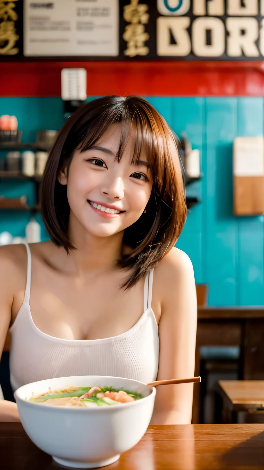 1 ultra cute japanese girl, short hair, part-time job at a bar,detailed face, ultra detailed eyes, incredible beautiful eyes, symmetry dropped eyes, no makeup, big smile, open mouth, best quality, 4k, 8k, highres, masterpiece, ultra-detailed, realistic, photorealistic, photo-realistic, HDR, UHD, studio lighting, ultra-fine painting, sharp focus, physically-based rendering, extreme detail description, professional, vivid colors, bokeh