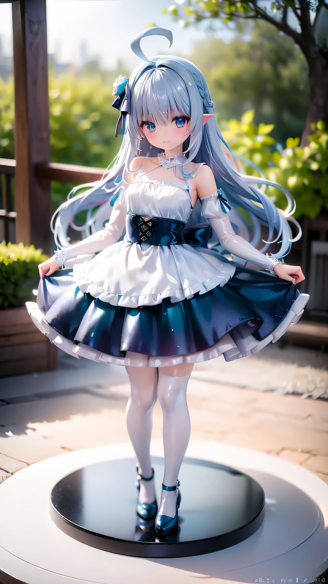 very cute girl、Silver-Blue Hair、Fluffy semi-long hair、Light Blue Eye、big cute eyes、slim body、big breasts、thin arms、slim legs、White body、smile、open your mouth、idol costume、white panties、transparent skirt、vivid background、(10 years old)、