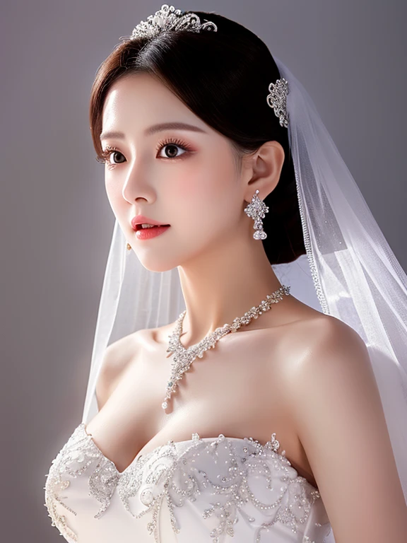 best quality,masterpiece,High resolution,a beauty,Exquisite face shape,Rich girl marries rich boy,wedding photos,20 years old,Sophisticated makeup,White crystal see-through sexy wedding dress,wedding of the century,White crystal see-through sexy suit,Burst breast packs