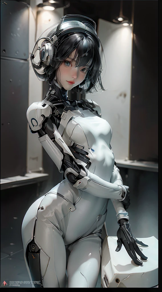 Extremely cute human eighteen year old girl face, human torso, human huge , human abdomen, human hips, robotic arms, mechanical legs, arms and legs with hard white shiny shell and black joints, very beautiful and feminine, short, , small, small, busty buttocks, medium bust, cleavage display, flat belly display, partial helmet with antenna on the ear, black robot joints, very stylish, award-winning product design, black rubber tights, The shiny white metal breastplate opens at the cleavage and abdomen, the white metal buttocks are wrinkled, and the armor has stylish, glowing trims, naked, wet pussy 