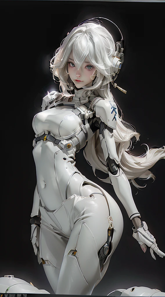 Extremely cute human eighteen year old girl face, human torso, human huge , human abdomen, human hips, robotic arms, mechanical legs, arms and legs with hard white shiny shell and black joints, very beautiful and feminine, short, , small, small, busty buttocks, medium bust, cleavage display, flat belly display, partial helmet with antenna on the ear, black robot joints, very stylish, award-winning product design, black rubber tights, The shiny white metal breastplate opens at the cleavage and abdomen, the white metal buttocks are wrinkled, and the armor has stylish, glowing trims, naked, wet pussy 