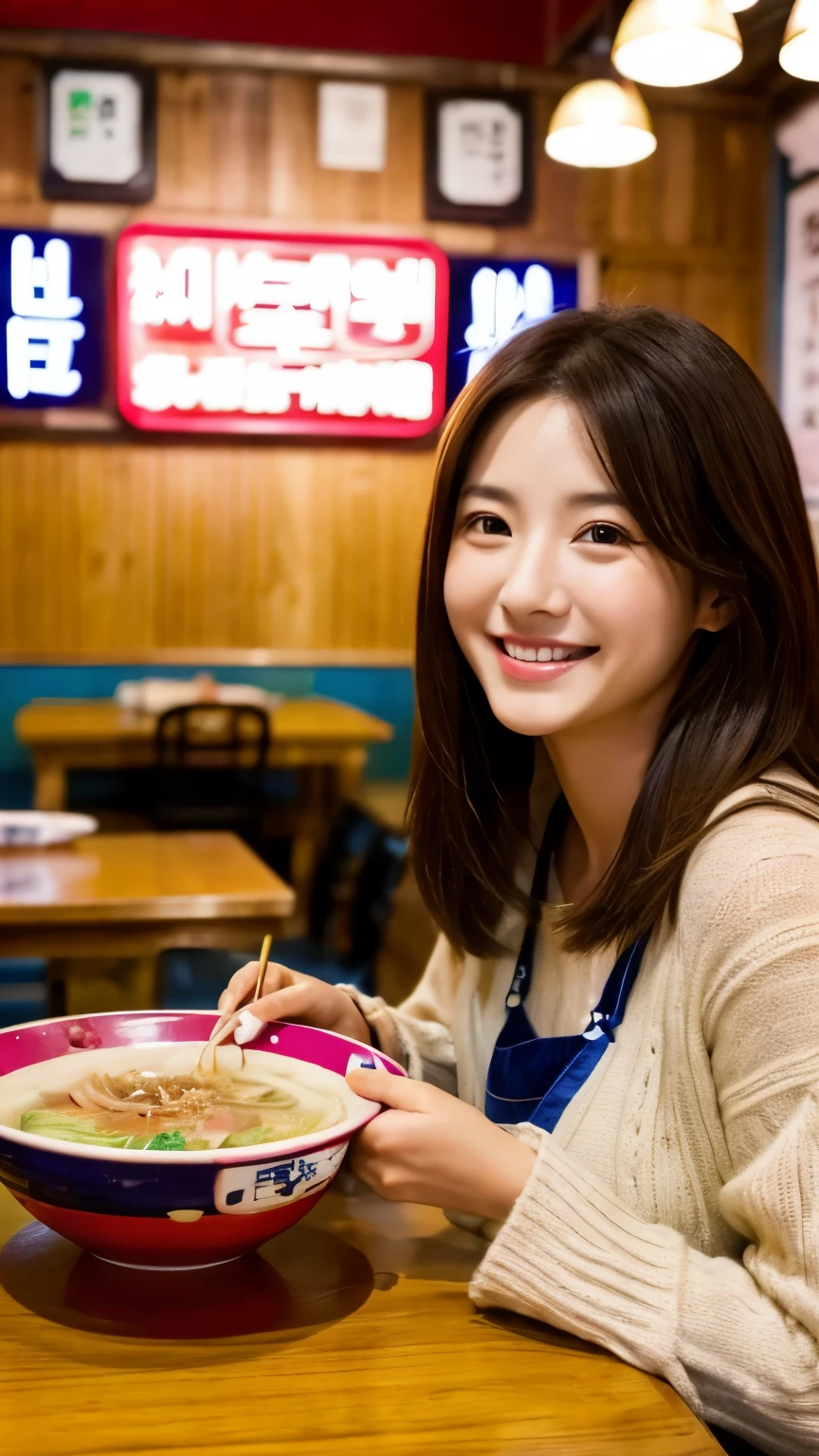 A young Korean-style woman sitting at a table in a ramen shop。
There's ramen in front of me。
I'm trying to eat ramen noodles。
A mature impression of a 30-year-old。
Breasts are large。
Very realistic photo-like finish。
Her eyes are long and beautiful。
Makeup is light。
Sexy impression。
Ramen bowl with chopsticks。
The face is smiling and looking at you。