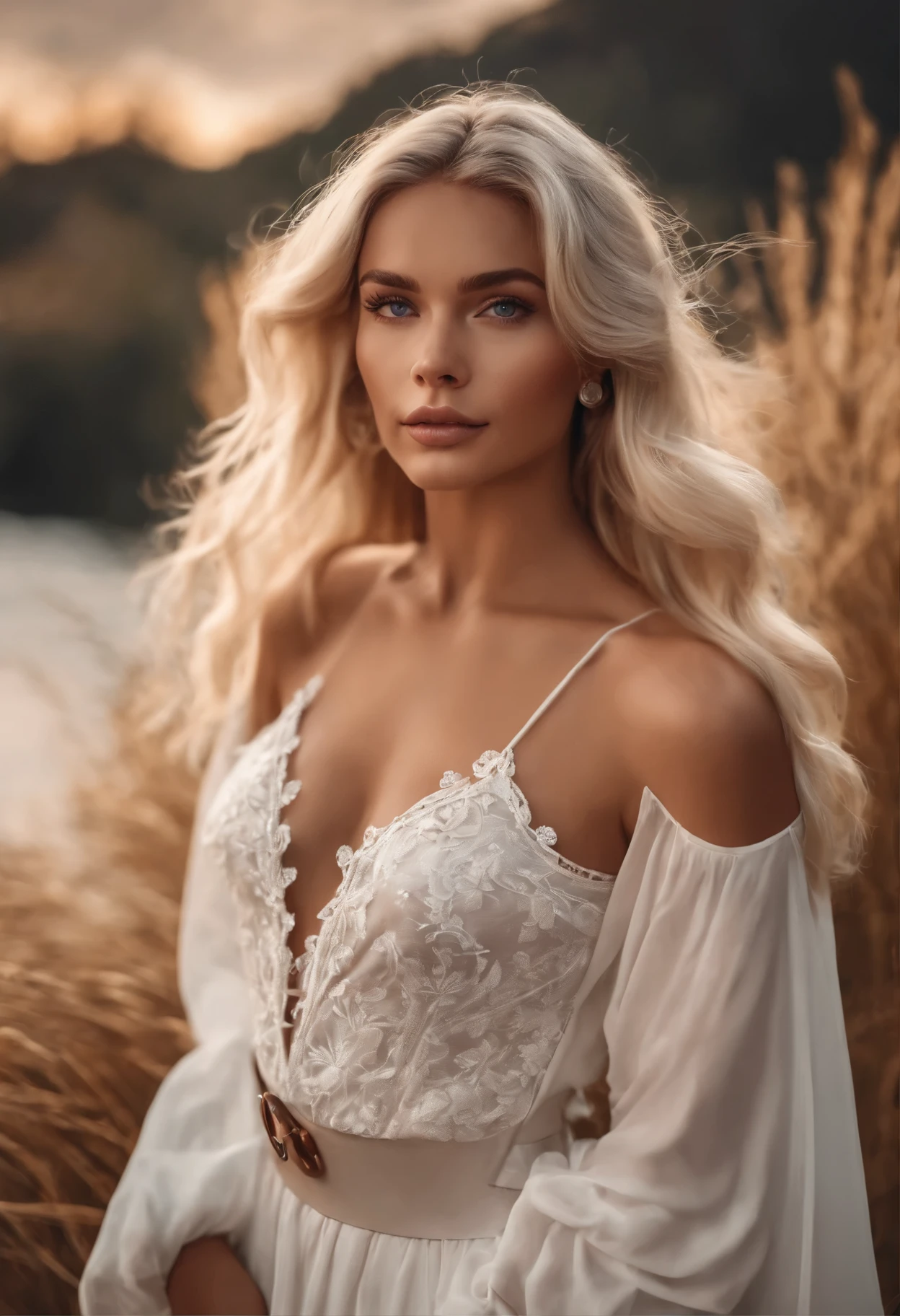 realistic white female Instagram influencer, Swedish, best quality, blond, 1 fille, yeux bleus, en robe courte moulante blanche