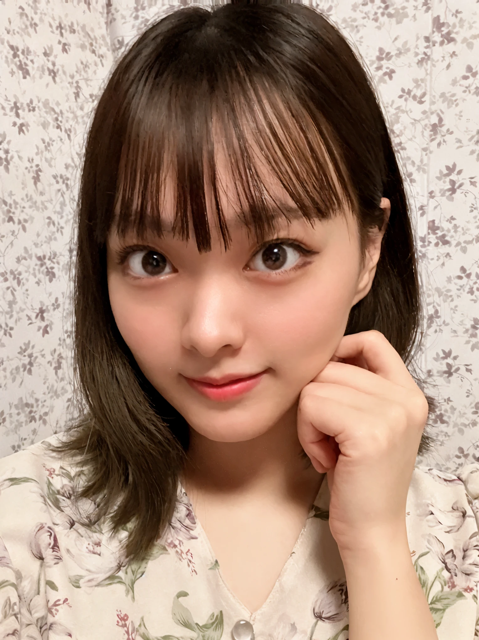 there is a woman with a flowered shirt posing for a picture, Yoshitomo Nara, chiho, girl cute-fine-face, with short hair, kimi takemura, sakimi chan, shiori teshirogi, aoshima chiho, chiho ashima, deayami kojima, clear cute face
