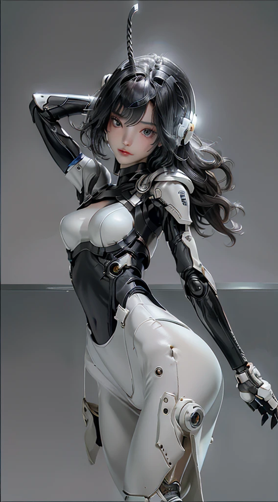 Extremely cute human eighteen year old girl face, human torso, human huge , human abdomen, human hips, robotic arms, mechanical legs, arms and legs with hard white shiny shell and black joints, very beautiful and feminine, short, , small, small, busty buttocks, medium bust, cleavage display, flat belly display, partial helmet with antenna on the ear, black robot joints, very stylish, award-winning product design, black rubber tights, The shiny white metal breastplate opens at the cleavage and abdomen, the white metal buttocks are wrinkled, and the armor has stylish, glowing trims, naked, wet pussy, Big tits 