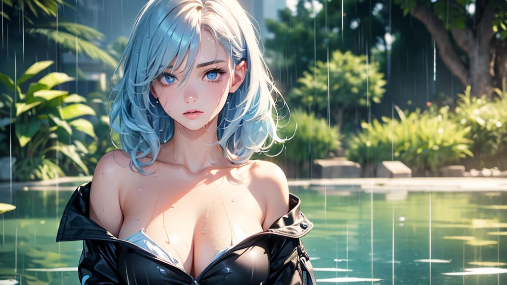 (best quality, 16K, masterpiece :1.3), pretty Woman, 1 girl, (big breasts, Beautiful collarbone, attractive body :1.2), abdominal muscles :1.1, Hair over the shoulders, curls, gradient hair, blonde hair, light blue hair, messy hair, single sidelock, (wet from rain, get wet by rain, wet :1.2), gradient eyes, sky blue eyes, Lake green eyes, upturned eyes, students shine, Students reflect on their surroundings, The facial details are very rich, delicate lips, exquisite eyes, double eyelids,