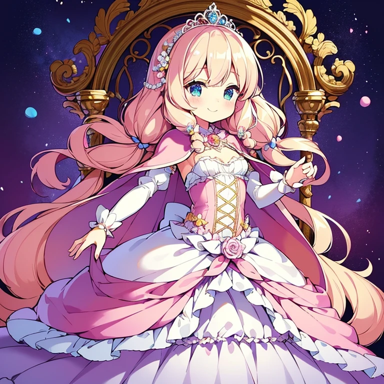 (kawaii),(best quality),(ultra detailed), upper body,(rococo style),(long train pastel pink cape:1.15), very long cape,(long train white ball gown with flower decorations), a girl is wearing a cape over her gown, 1 little princess, tiara, smile, small breasts, very long hair