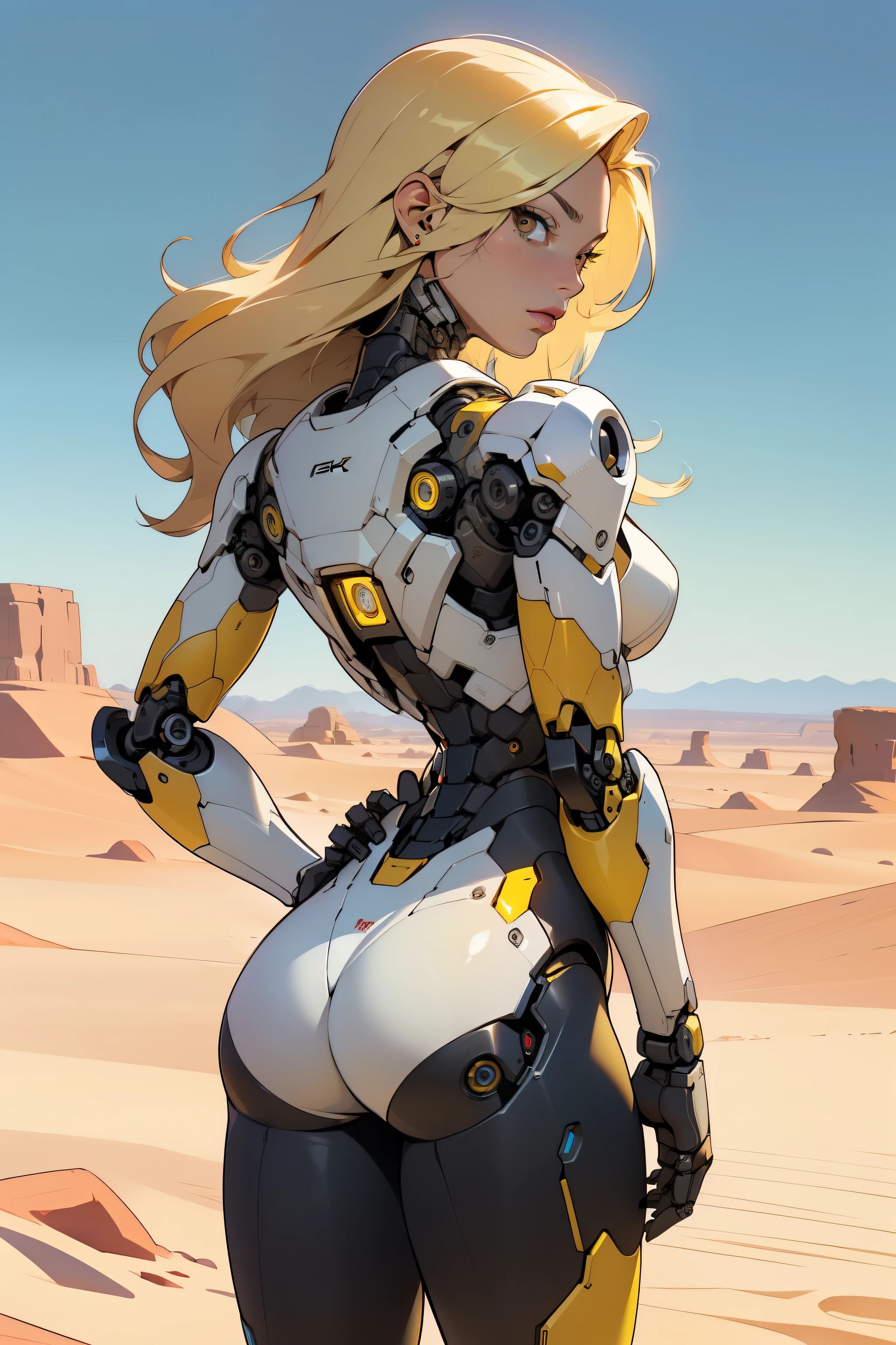 high quality, 4k, masterpiece, beautiful, cyborg girl, yellow design, cowboy shot, dull eyes, back side, turning around to look at viewer, long blonde hair, girl, small breasts, fit thigh, robotic arms, robotic body, cyborg body, yellow accent, redaccent, intricate detail, joint, detailed lines, robotic detail, 1fist on hip, color robotic parts, robotic parts with color, perfect fingers, on a desert planet, sunny background, colorful desert,